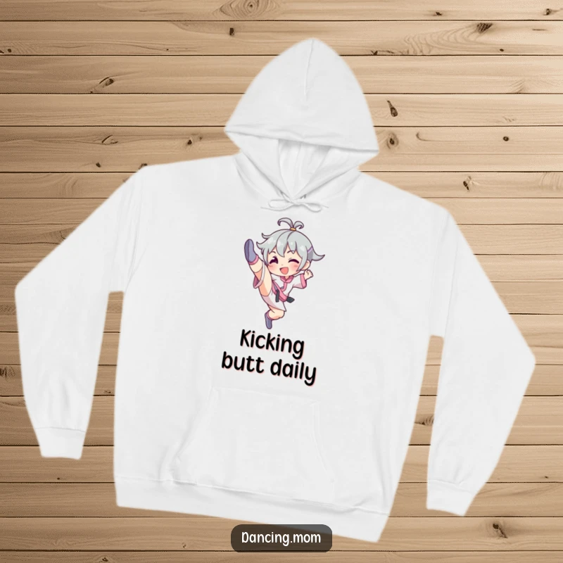 Funny hoodie showcasing a joyful character's powerful and graceful high kick, perfect for active or relaxed wear.