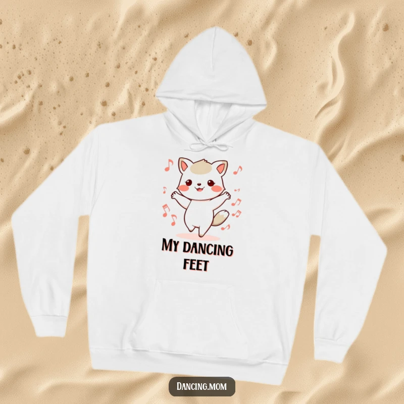 Funny hoodie with a kawaii dancing animal in motion, surrounded by musical notes, celebrating the joy of music.