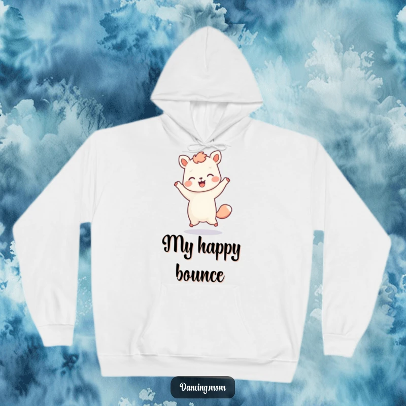 Funny hoodie with a kawaii dancing animal doing a joyful hop, radiating happiness and playful energy.