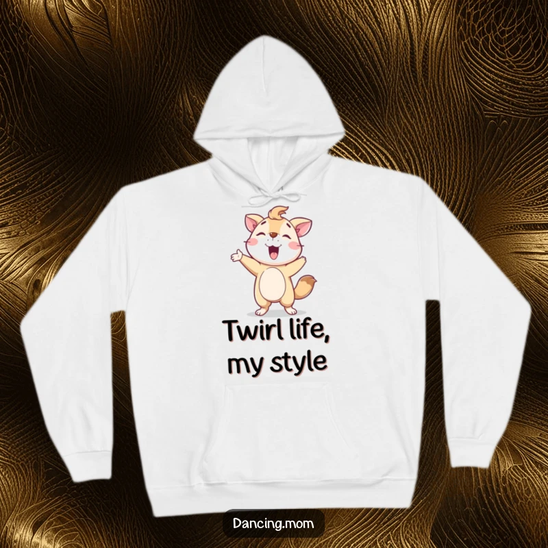 Funny Hoodie: A delighted animal character in a proud, triumphant pose after completing a fantastic spin, full of happiness.