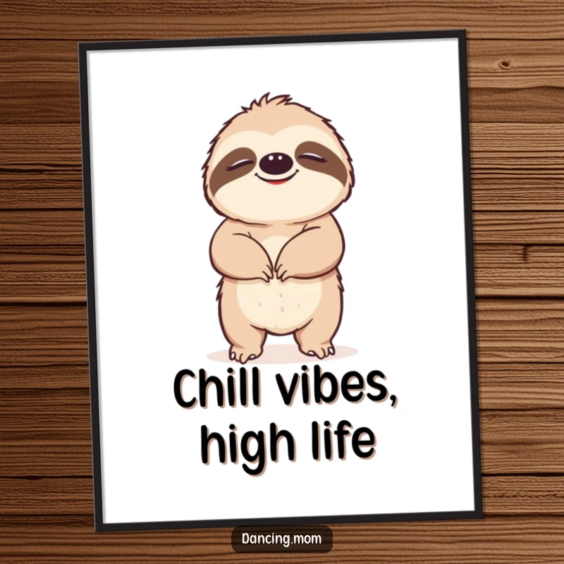 Funny Free Printable Wall Art: A happy sloth grooving slowly with closed eyes, radiating peaceful bliss and relaxation.