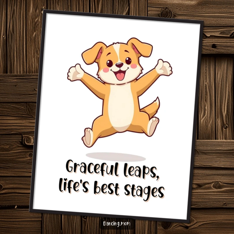 Funny Free Printable Wall Art depicting an elegant dog performing a graceful leap with arms extended, a beautiful downloadable art piece.