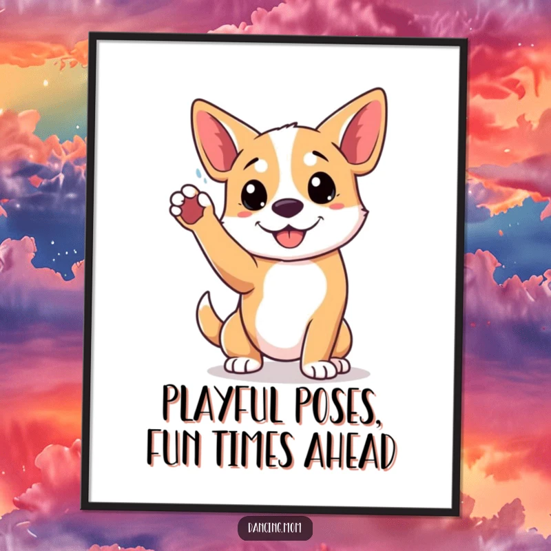 Funny Free Printable Wall Art depicting a playful dog striking a pose with one paw raised high in the air, fun downloadable art.