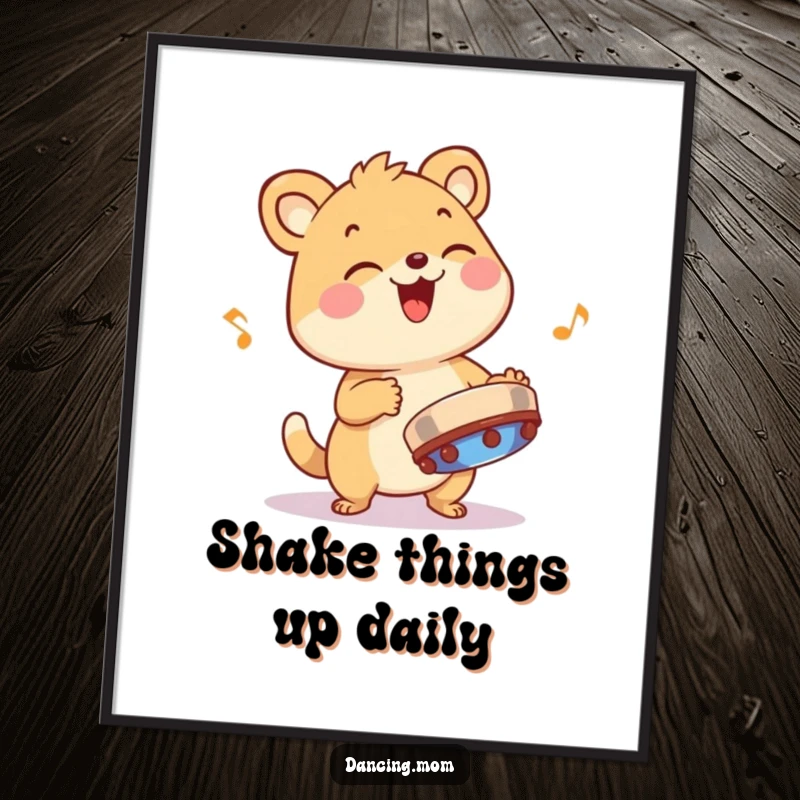 Funny Free Printable Wall Art: Giggling animal character joyfully playing a tambourine, creating a sense of infectious rhythm.