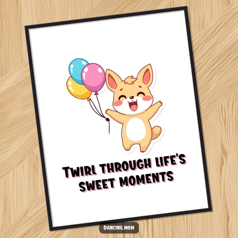 Funny Free Printable Wall Art: An excited animal character twirling with a bunch of balloons, creating a festive and joyful atmosphere.