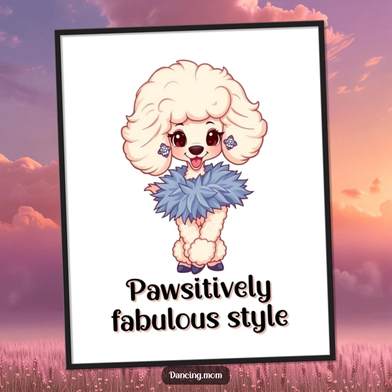 Funny Free Printable Wall Art: Sophisticated poodle with sparkly earrings, twirling gracefully with a feathered boa.