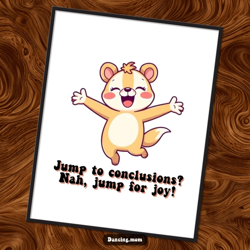 Funny Free Printable Wall Art: Energetic animal character joyfully leaping with arms outstretched, a symbol of freedom and happiness.