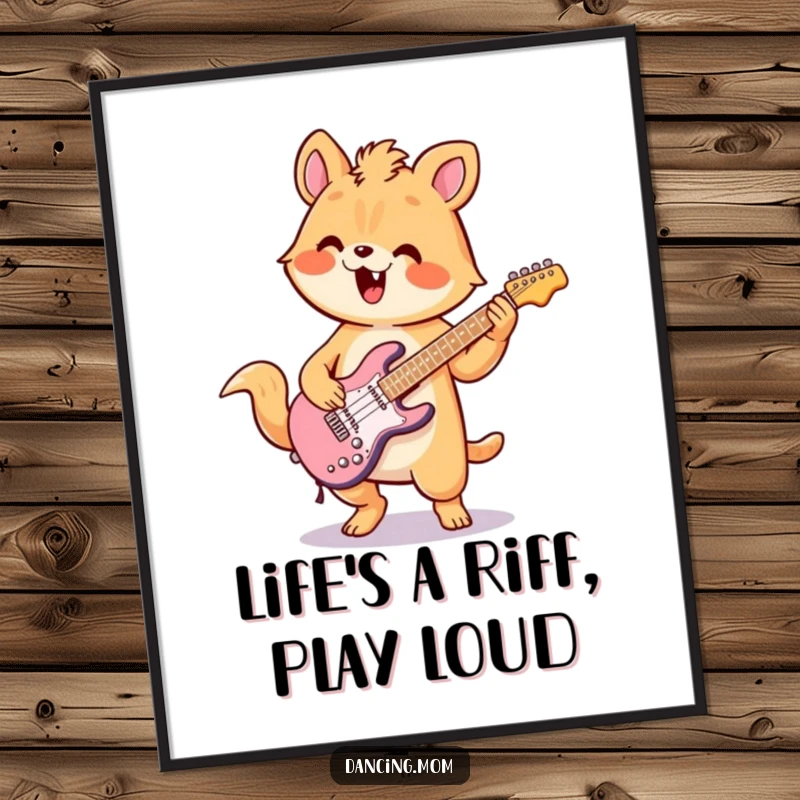Funny Free Printable Wall Art of a kawaii animal playing air guitar with wild and enthusiastic flair, ready to rock.