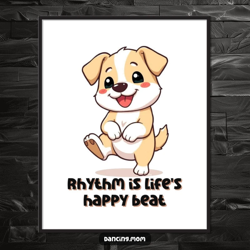Funny Free Printable Wall Art depicting a dog happily tapping its foot with a wide grin, a joyful piece of downloadable art.