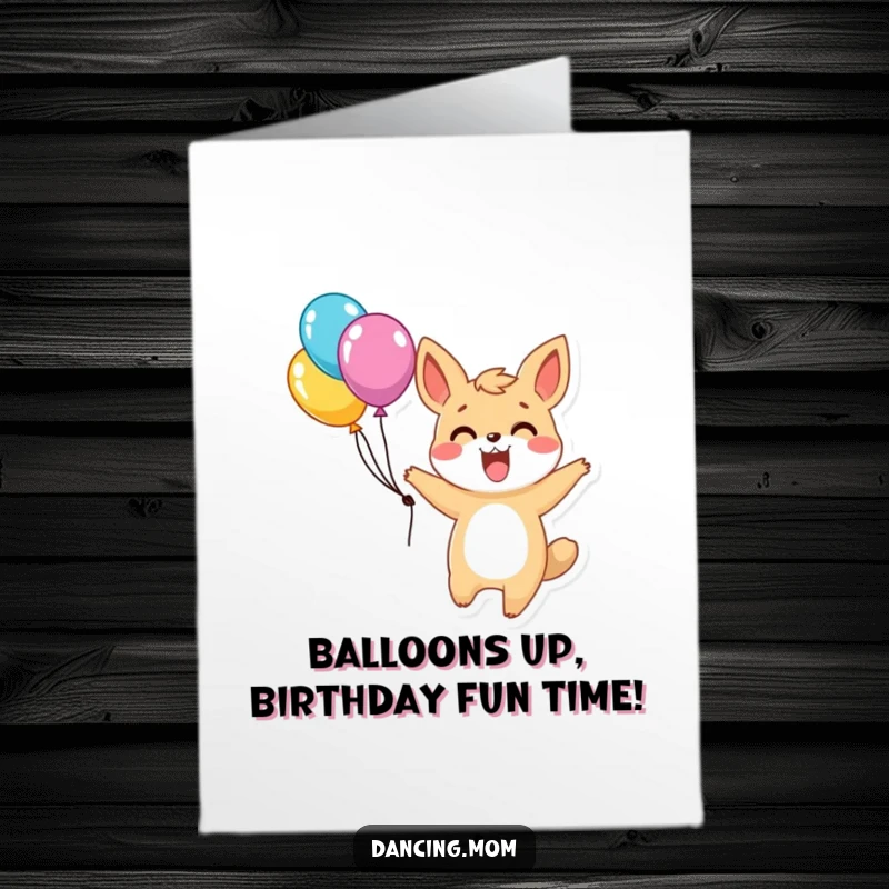 Funny Free Printable Birthday Card: Excited animal twirling joyfully with a bunch of colorful balloons held in hand.