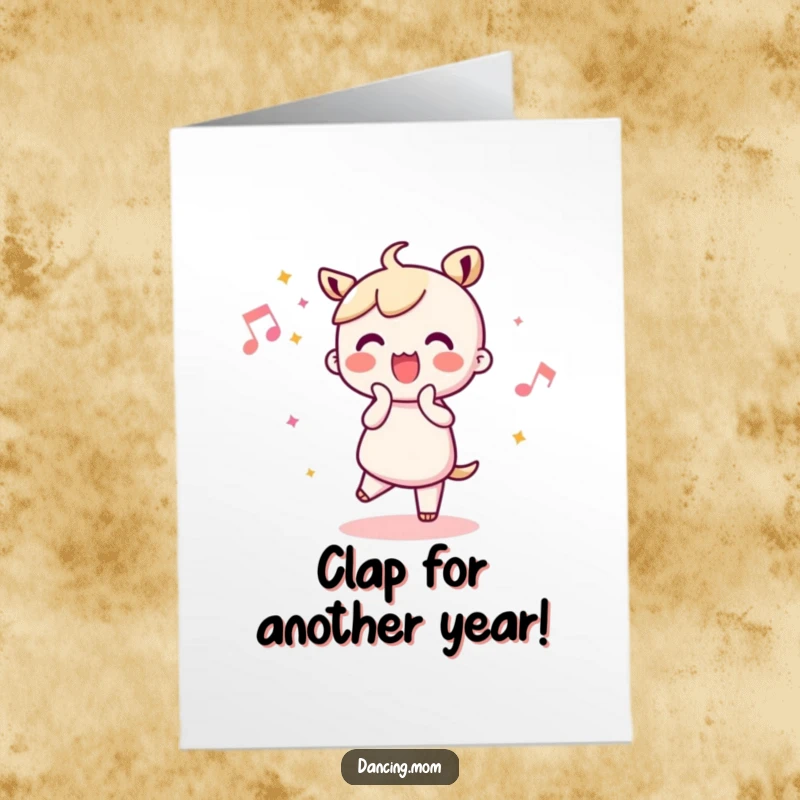 Funny Free Printable Birthday Card: Kawaii dancer joyfully clapping hands, celebrating with pure happiness and infectious enthusiasm.