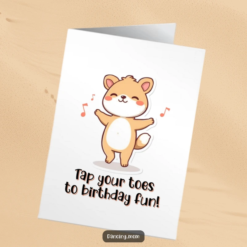 Funny Free Printable Birthday Card: Animal character happily tapping its feet, grooving to birthday tunes with a smile.