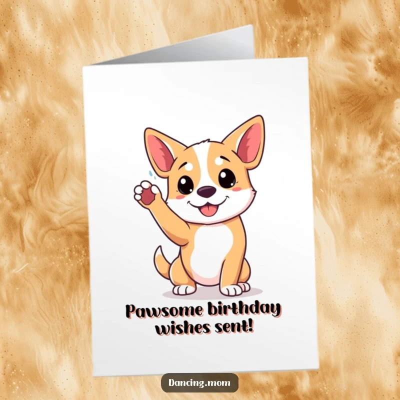 Funny Free Printable Birthday Card shows a dog striking a playful pose with one paw raised high, ideal for a lively printable greeting.