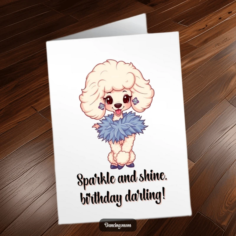 Funny Free Printable Birthday Card: Sophisticated poodle with sparkly earrings twirls with feathered boa for birthday.