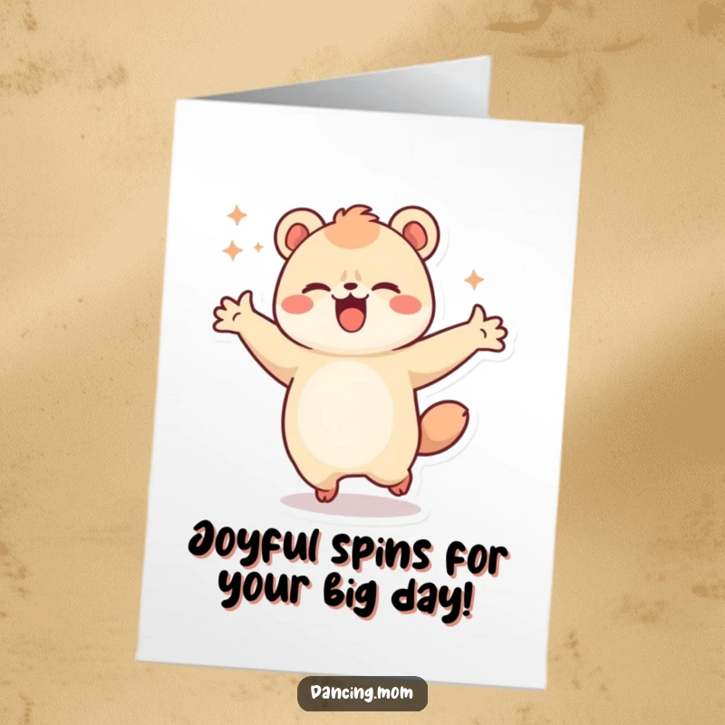 Funny Free Printable Birthday Card: Kawaii animal spinning with arms wide in ecstatic celebration, ready for a DIY gift.