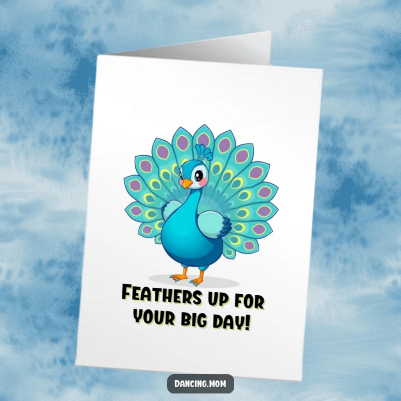 Funny Free Printable Birthday Card: Playful peacock dramatically spreading its ornate tail feathers in a vibrant, celebratory dance.