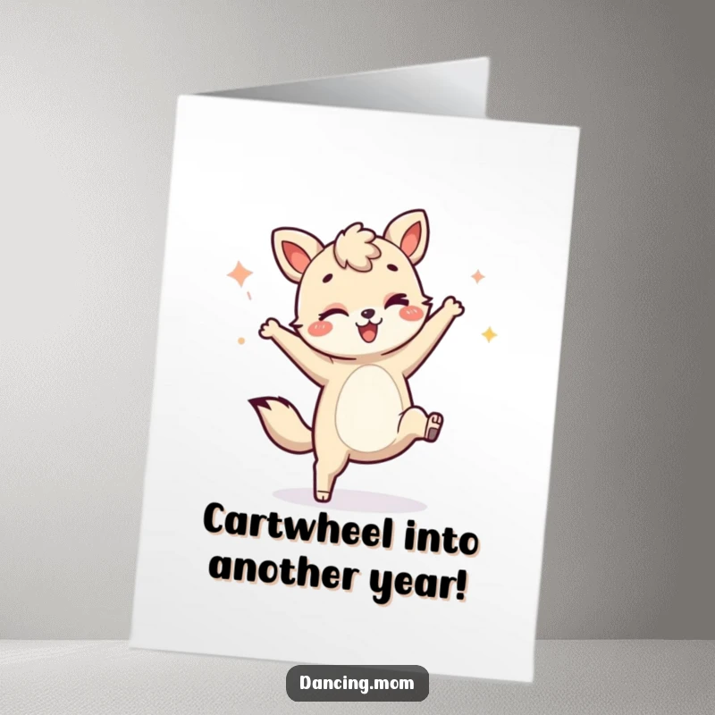 Funny Free Printable Birthday Card featuring a playful animal winking while expertly performing a cartwheel, ready to party.