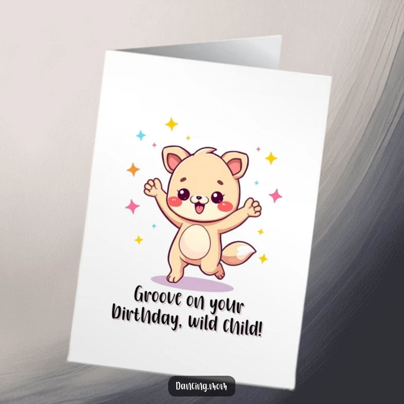 Funny Free Printable Birthday Card: Animal character energetically grooving under disco lights, celebrating with a party vibe.