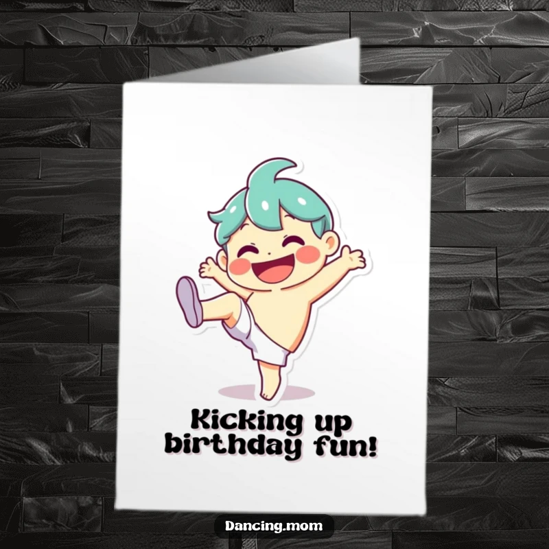 Funny Free Printable Birthday Card: Character doing a silly kick with a huge smile, full of birthday energy, a downloadable gift.