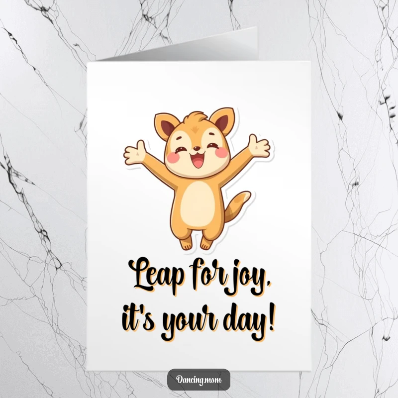 Funny Free Printable Birthday Card: Happy animal with arms wide open, joyfully leaping with excitement for a birthday celebration.