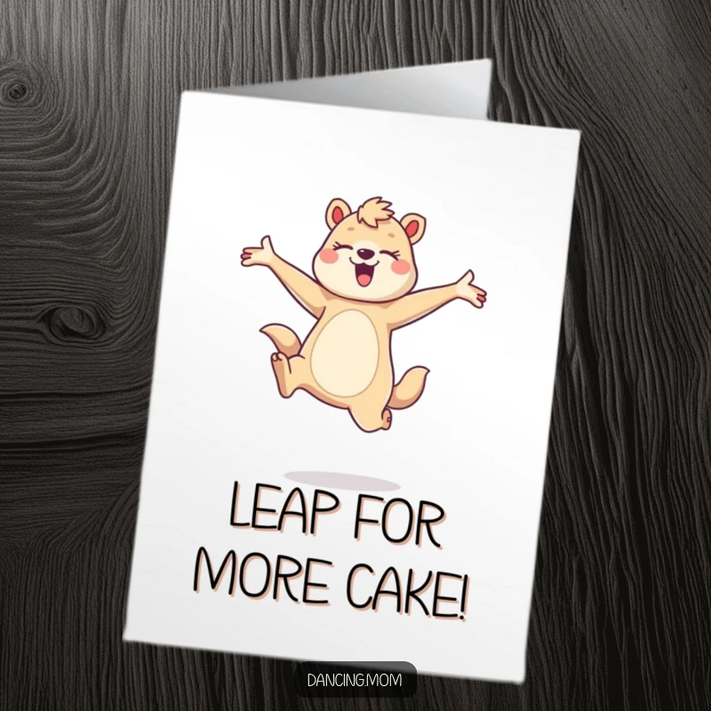 Funny Free Printable Birthday Card with a mom animal gracefully leaping with arms outstretched, celebrating with joyful abandon.