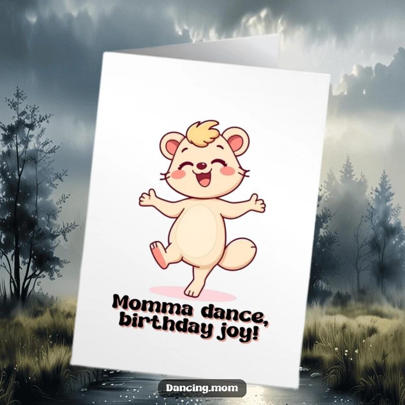 Funny Free Printable Birthday Card: Dancing mom animal tapping feet with a big smile, celebrating a birthday.
