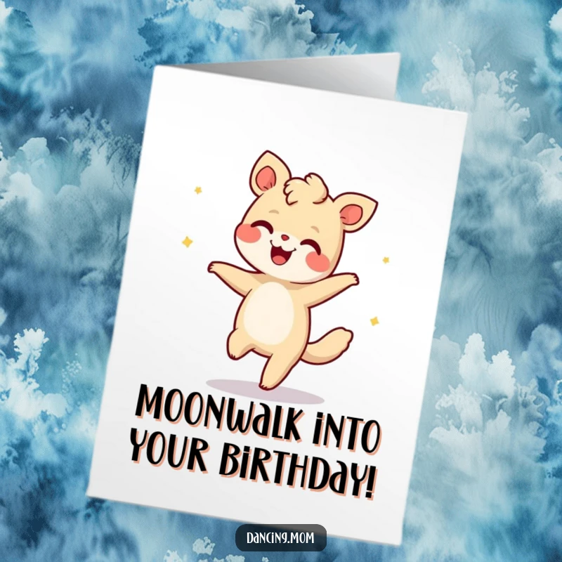 Funny Free Printable Birthday Card featuring a giggling animal smoothly moonwalking backwards with surprising agility, celebrating in style.