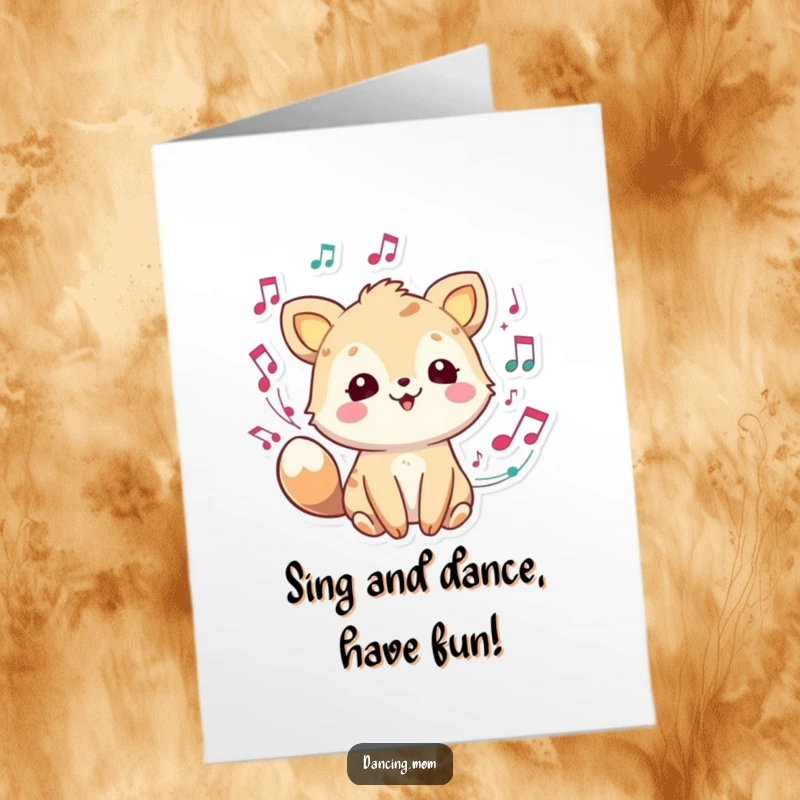 Funny Free Printable Birthday Card: Joyful animal character with musical notes swirling happily around its head.