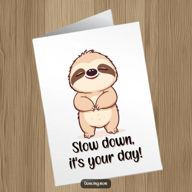 Funny Free Printable Birthday Card: Happy sloth grooving slowly with eyes closed in pure bliss, radiating birthday chill vibes.