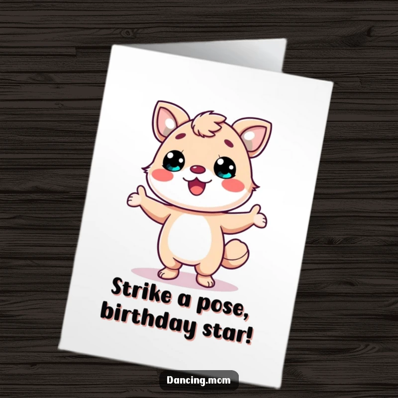 Funny Free Printable Birthday Card: Kawaii animal with a huge smile striking a goofy pose, ready for a DIY gift.