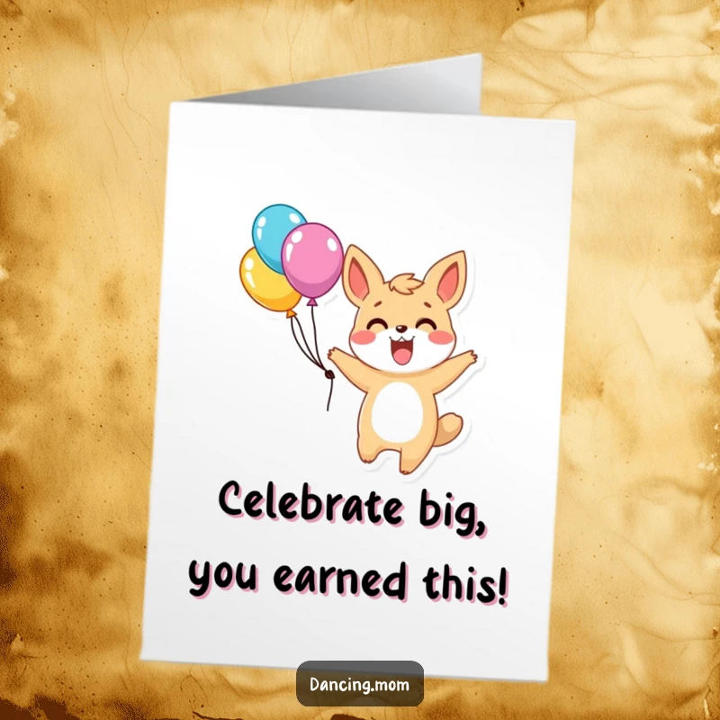 Funny Free Printable Congratulations Card: An excited animal twirling with balloons, embodying pure celebration and happy congratulations.