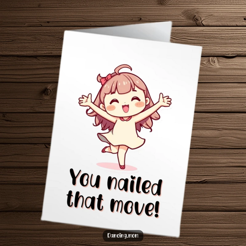 Funny Free Printable Congrats Card: A kawaii character energetically pirouettes with arms flung wide, celebrating a momentous occasion with glee.