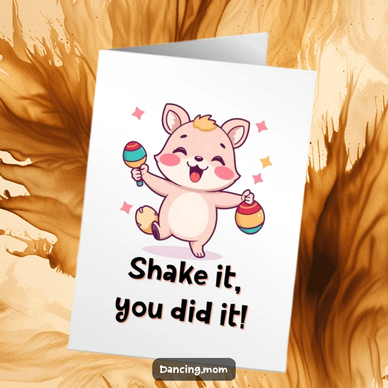 Funny Free Printable Congratulations Card showing a happy animal shaking maracas enthusiastically, celebrating success with rhythm.