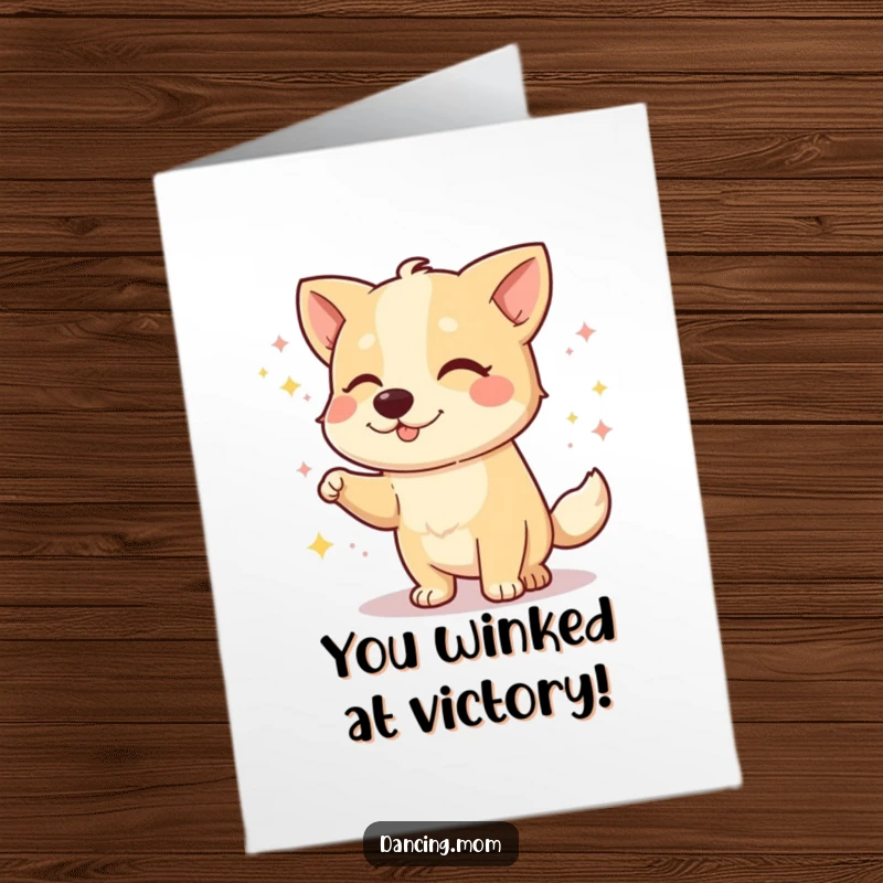 Funny Free Printable Congrats Card: A dog winks knowingly during its joyful dance moves.