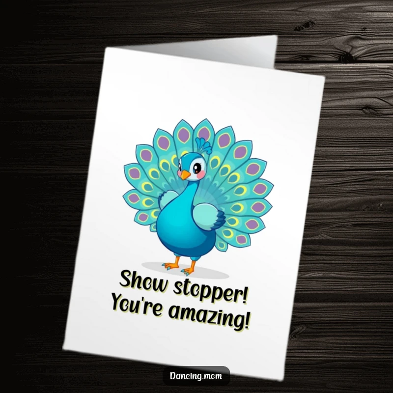 Funny Free Printable Congratulations Card: Majestic peacock displaying its iridescent tail feathers in a proud, dazzling dance of victory.