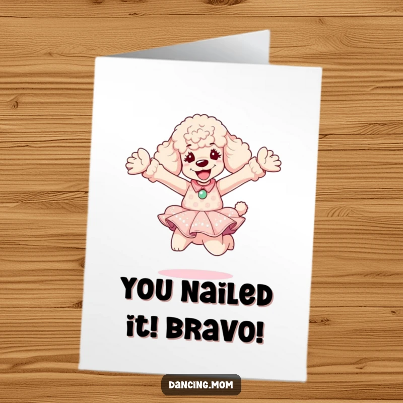 Funny Free Printable Poodle Congratulations Card: Poodle in a dress leaping joyfully mid-celebration with arms wide.