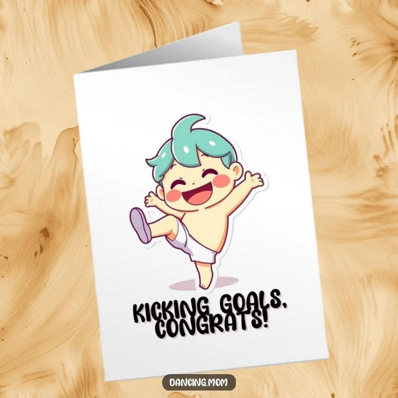 Funny Free Printable Congratulations Card: Character with a huge smile doing a silly kick in celebration, a downloadable art piece.