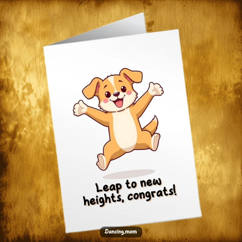 Funny Free Printable Congratulations Card shows an elegant dog leaping joyfully, arms outstretched, a perfect printable for celebrating success.