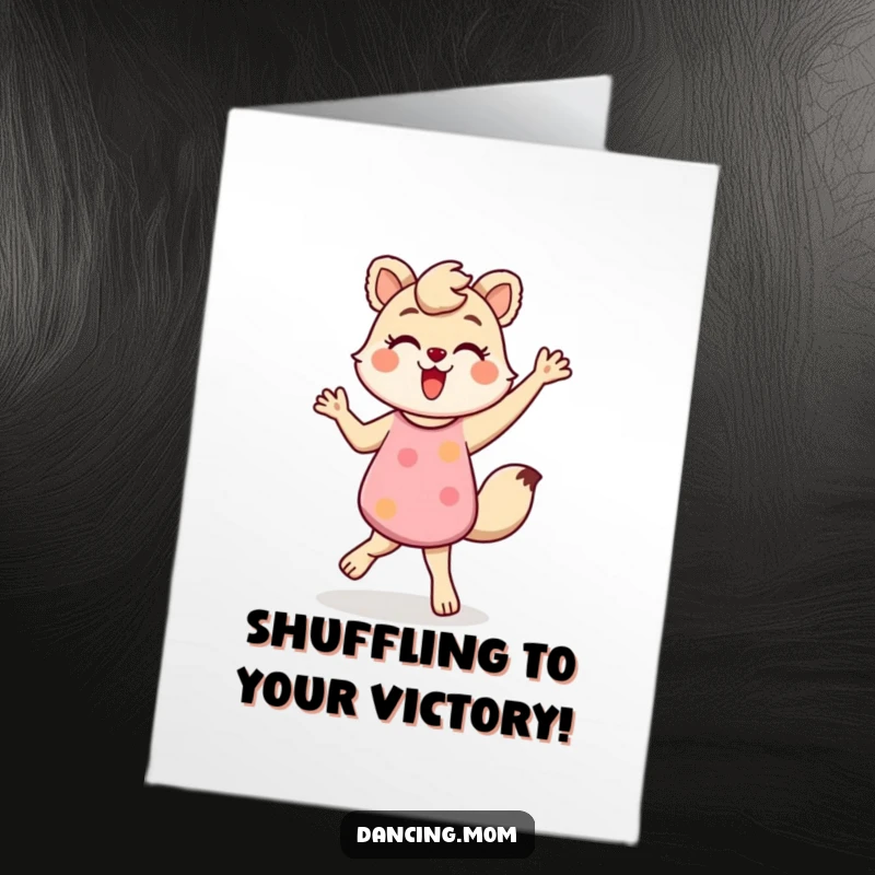 Funny Free Printable Congrats Card of a mom animal busting out a fun, energetic shuffle, celebrating a big win with gusto.