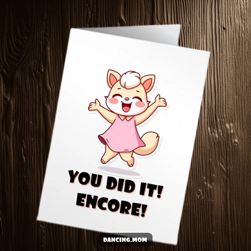 Funny Free Printable Congrats Card showing a mom animal figure joyfully twirling, celebrating a big achievement with a happy dance.
