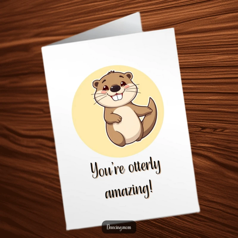 Funny Free Printable Congratulations Card showing a cheerful otter spinning in circles with a goofy, happy grin, celebrating success.