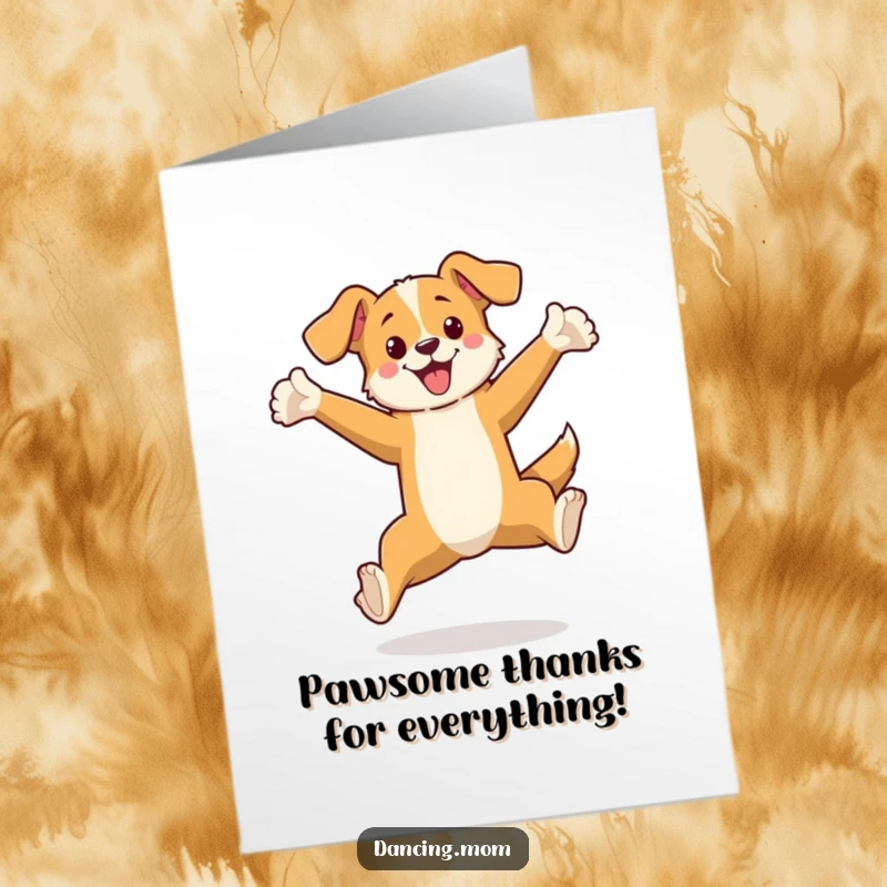 Funny Free Printable Thank You Card with an elegant dog gracefully leaping, arms wide, expressing thanks in a beautiful printable design.