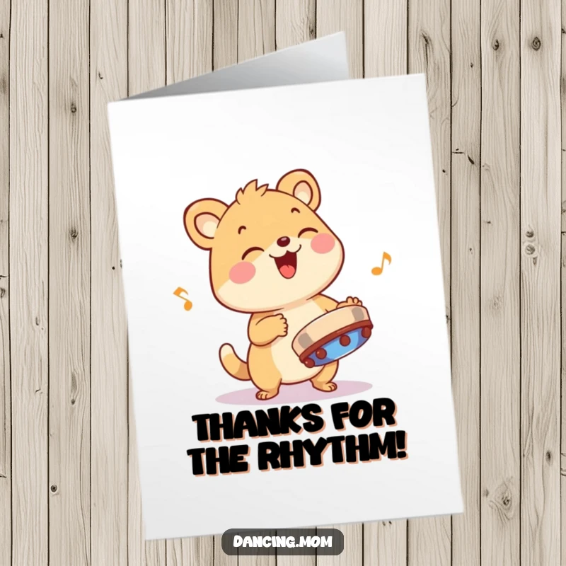 Funny Free Printable Thank You Card: Giggling animal character playing a tambourine with infectious rhythm, sending thanks.