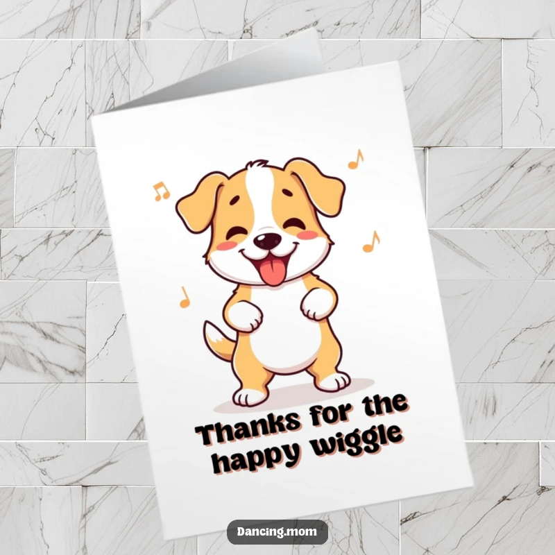 Funny Free Printable Thank You Card: A dog wiggles its hips to a happy rhythm showing thanks.