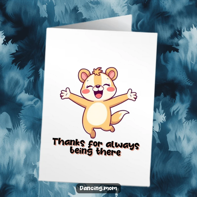 Funny Free Printable Thank You Card: Animal character leaping with outstretched arms, conveying heartfelt thanks with pure joy.