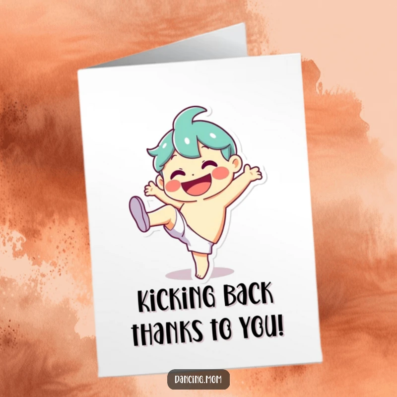 Funny Free Printable Thank You Card: Character smiling widely while doing a silly kick, expressing thanks playfully, a downloadable gift.