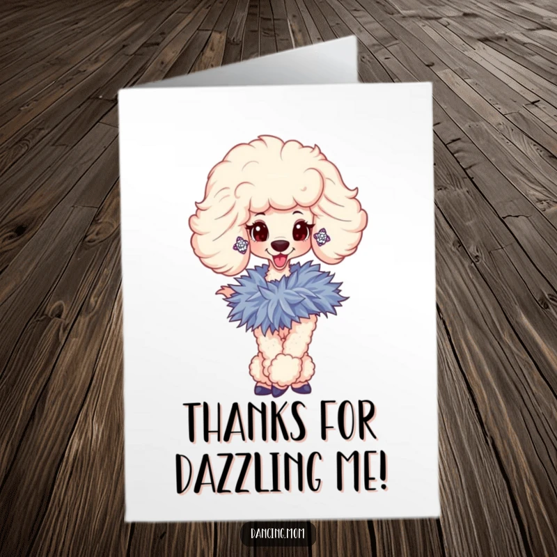 Funny Free Printable Thank You Card: Sophisticated poodle with sparkly earrings twirls with feathered boa, thanking you.
