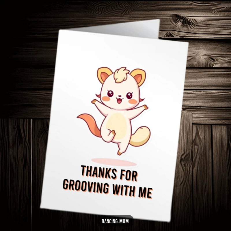 Funny Free Printable Thank You Card featuring a kawaii animal with flowing limbs, dancing to express heartfelt thanks.