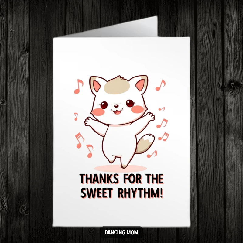 Funny Free Printable Thank You Card: Kawaii animal dancing with musical notes all around, conveying thanks melodiously.