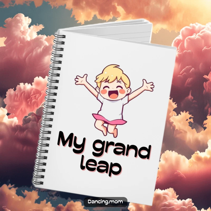 Funny notebook cover featuring a happy dancer with arms outstretched, captured mid-leap.